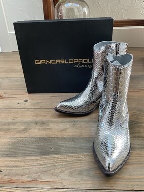 GIANCARLO PAOLI SILVER SNAKESKIN LEATHER COWBOY BOOTS